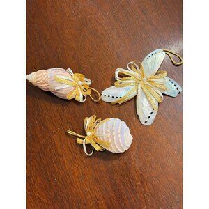 Handcrafted Seashell Ornaments With Gold Ribbon & Pearl Accent - Set Of 3 - Coas